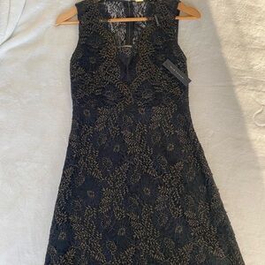 Elie Tahari Black and Gold Floral Lace Midi Dress